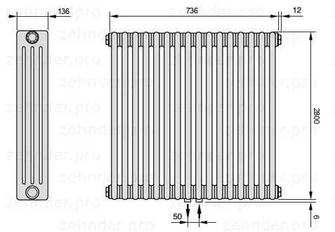 Схема (чертеж) Радиатор Zehnder Charleston 4280/16 №5410 Белый глянцевый RAL 9016